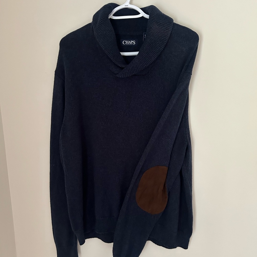 Chaps Navy‎ Blue 100% size large Sweater With Brown Elbow Pads - Picture 3 of 6